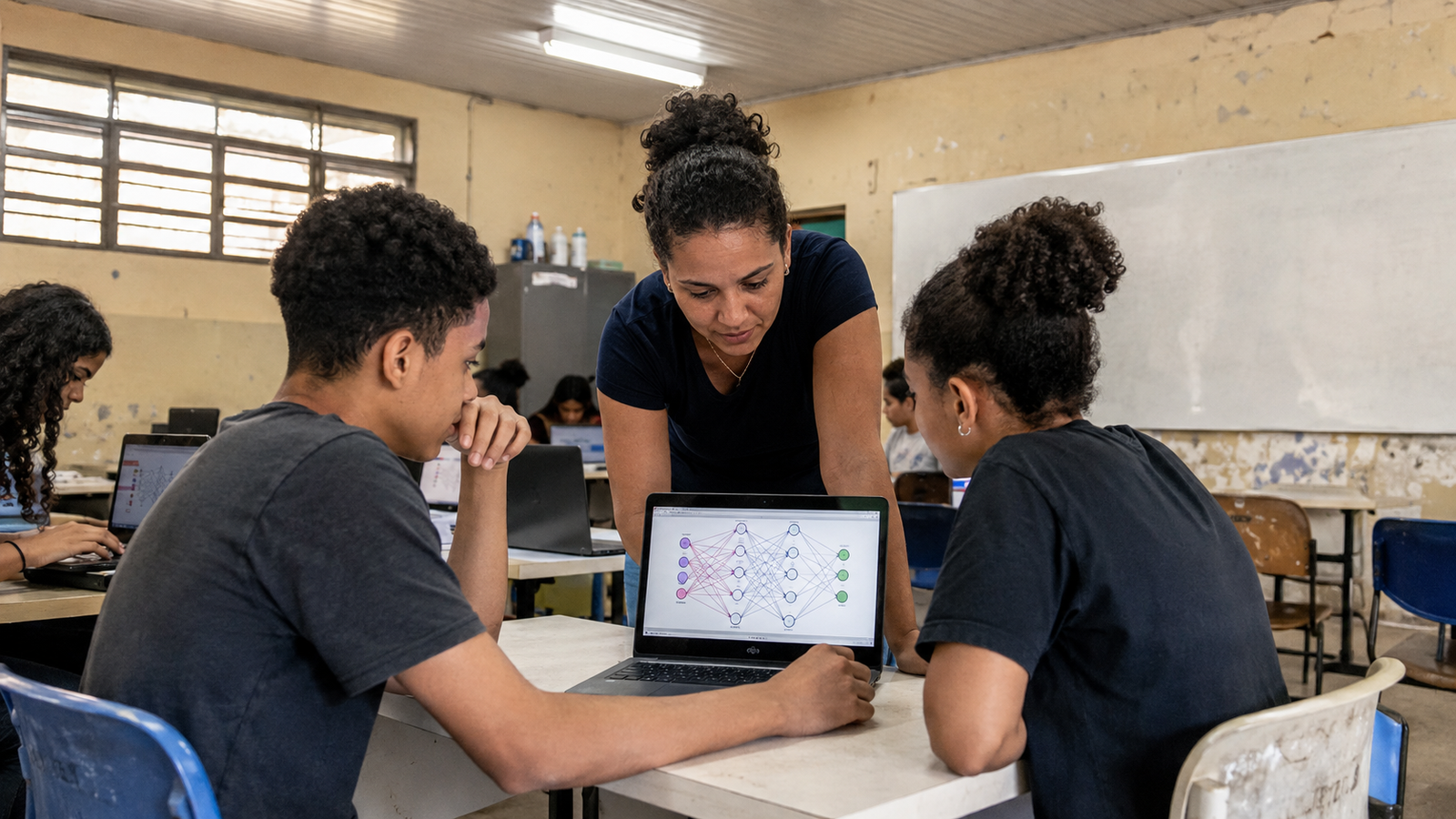 Teacher and students working with AI and computational thinking tools in a Brazilian public school classroom