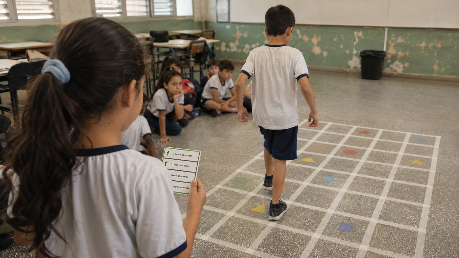 Elementary school students doing an unplugged computational thinking activity with a taped floor grid in a Brazilian public school classroom